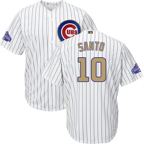 Cubs #10 Ron Santo White(Blue Strip) Gold Program Cool Base Stitched MLB Jersey - Click Image to Close